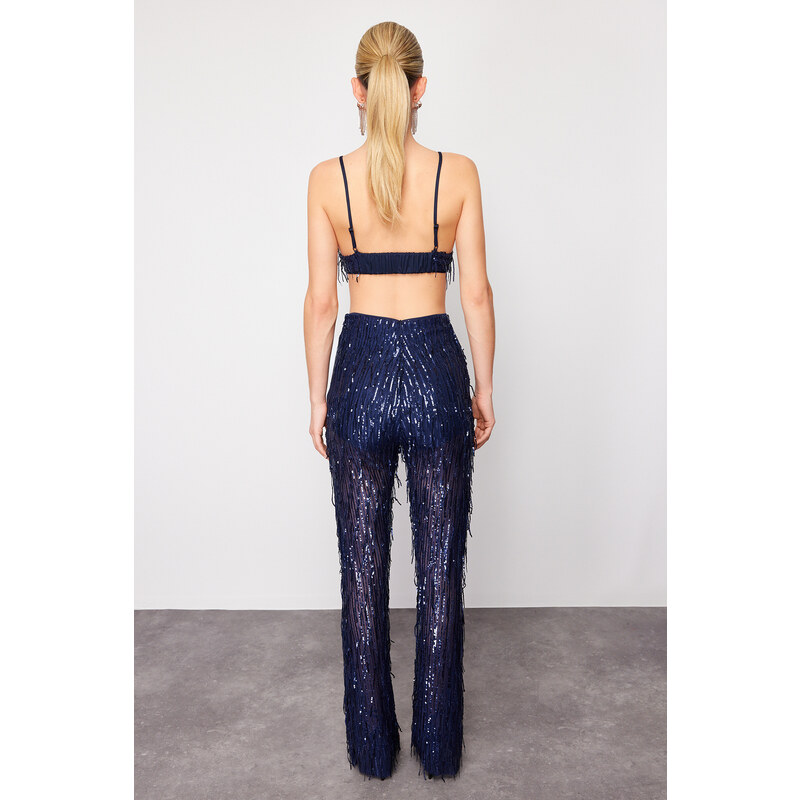 Trendyol Navy Blue Wide Leg Sequined Knitted Trousers