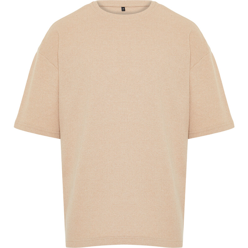 Trendyol Camel Oversize/Wide-Fit Crew Neck Short Sleeve Basic Textured T-shirt