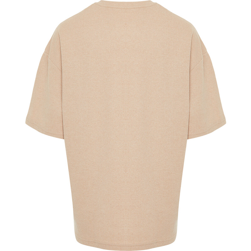 Trendyol Camel Oversize/Wide-Fit Crew Neck Short Sleeve Basic Textured T-shirt