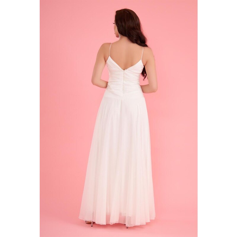 Carmen Ecru Chiffon Strappy Collar Stone Long Wedding Dress