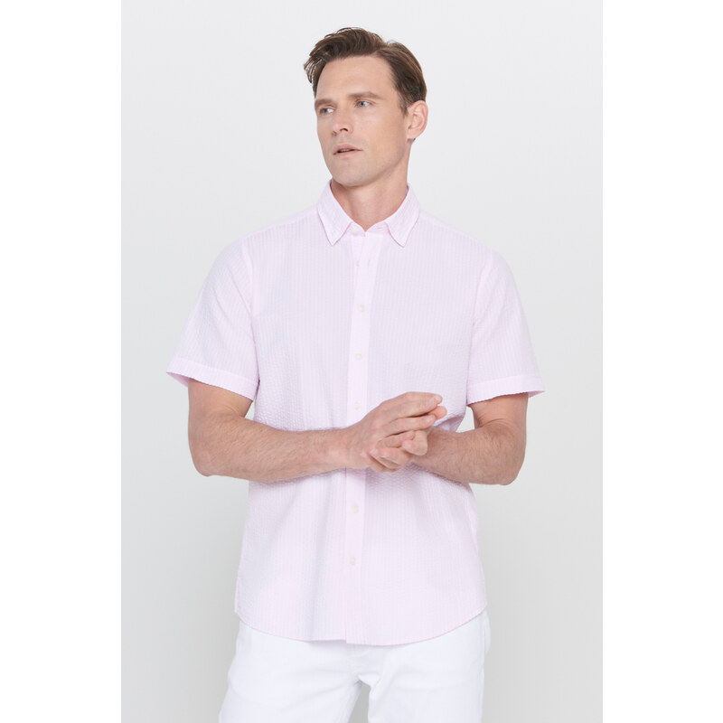 AC&Co / Altınyıldız Classics Men's Pink Slim Fit Slim Fit Shirt with Hidden Buttons Collar 100% Cotton See-through Pattern Short Sleeve Shirt.