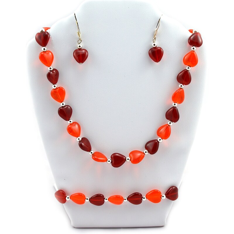 Murano Sada náhrdelník, náramek, náušnice - skleněné korálky tvar srdce - červená - Chiara