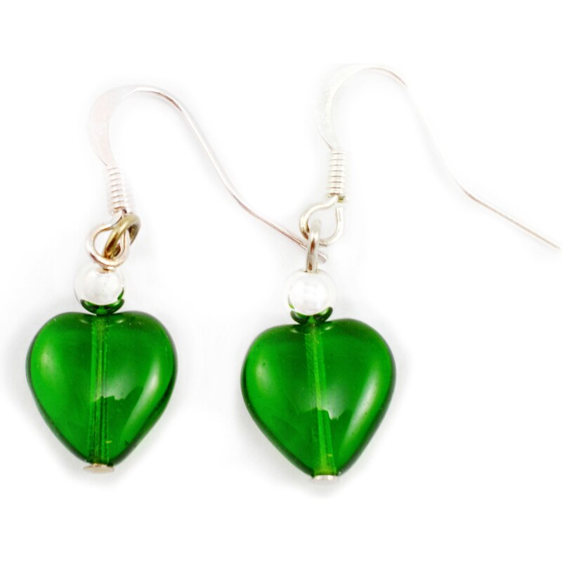 Murano Náušnice korálky tvar srdce - zelená - Gaia - benátské sklo