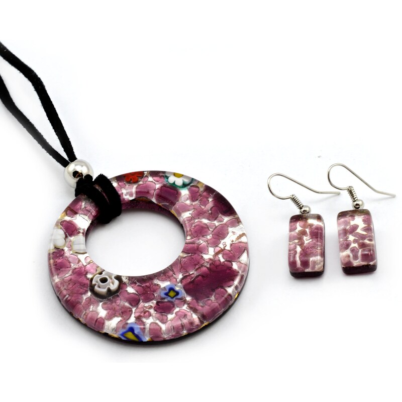 Murano Sada náhrdelník a náušnice - skleněný šperk - stříbrná, fialová - Paola