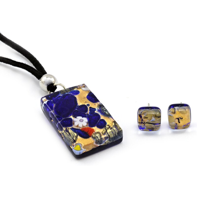 Murano Sada náhrdelník a náušnice - skleněný šperk - zlatá, modrá - Lisa