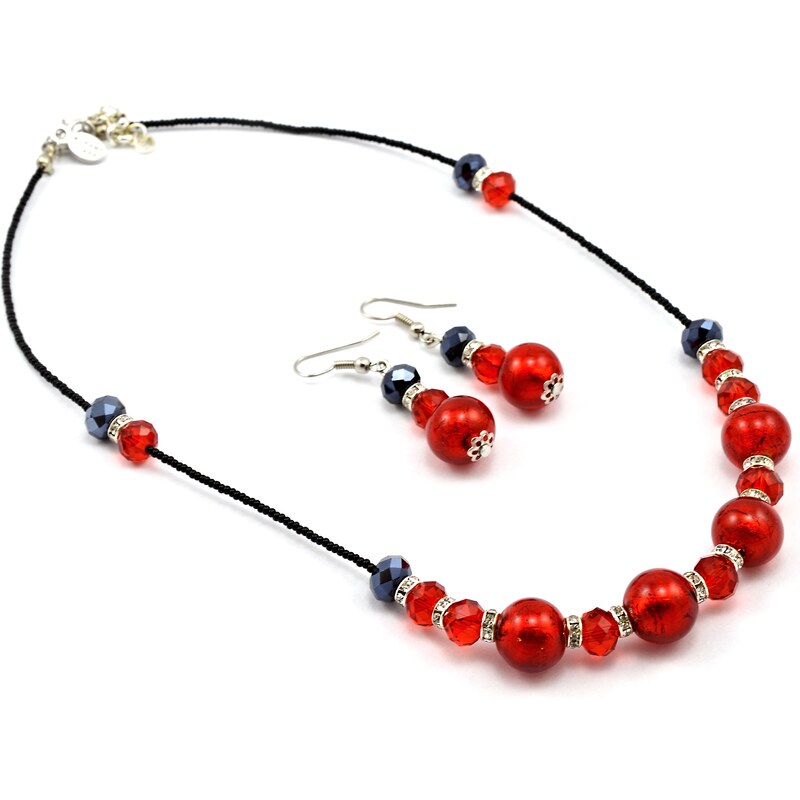 Sada náhrdelník, náušnice skleněné korále - červená - Murano 2
