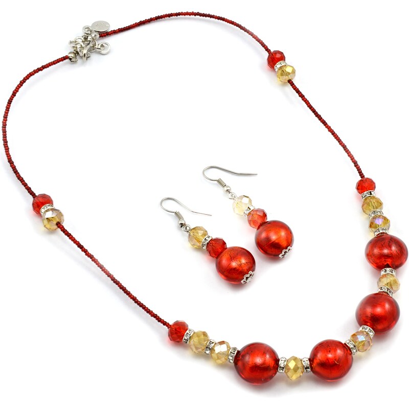 Sada náhrdelník, náušnice skleněné korále - červená - Murano