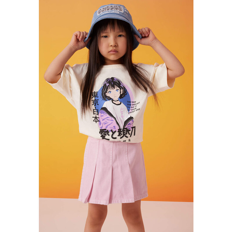 DEFACTO Girl Oversize Fit Printed Short Sleeve T-Shirt