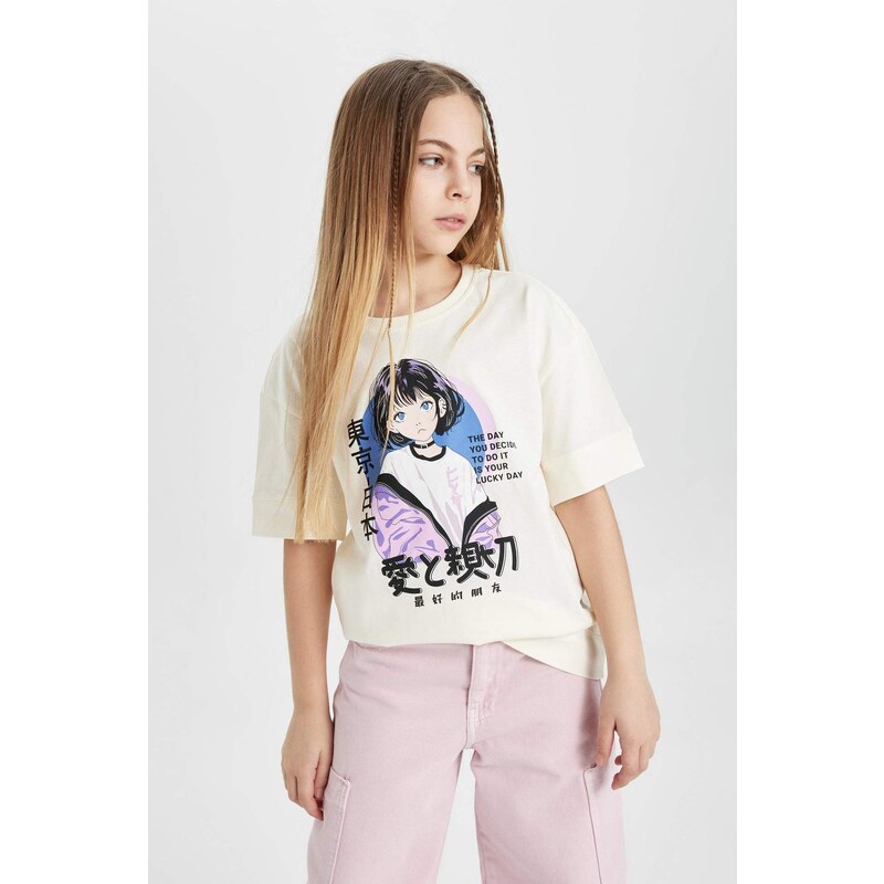 DEFACTO Girl Oversize Fit Printed Short Sleeve T-Shirt