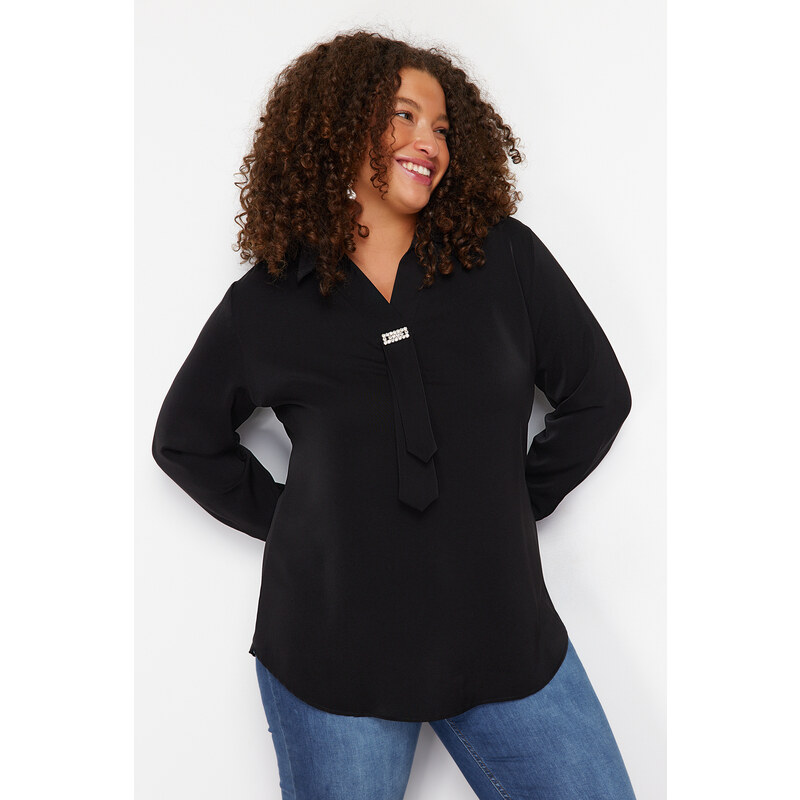 Trendyol Curve Black Woven Plus Size Jewelled Shirt Collar Blouse