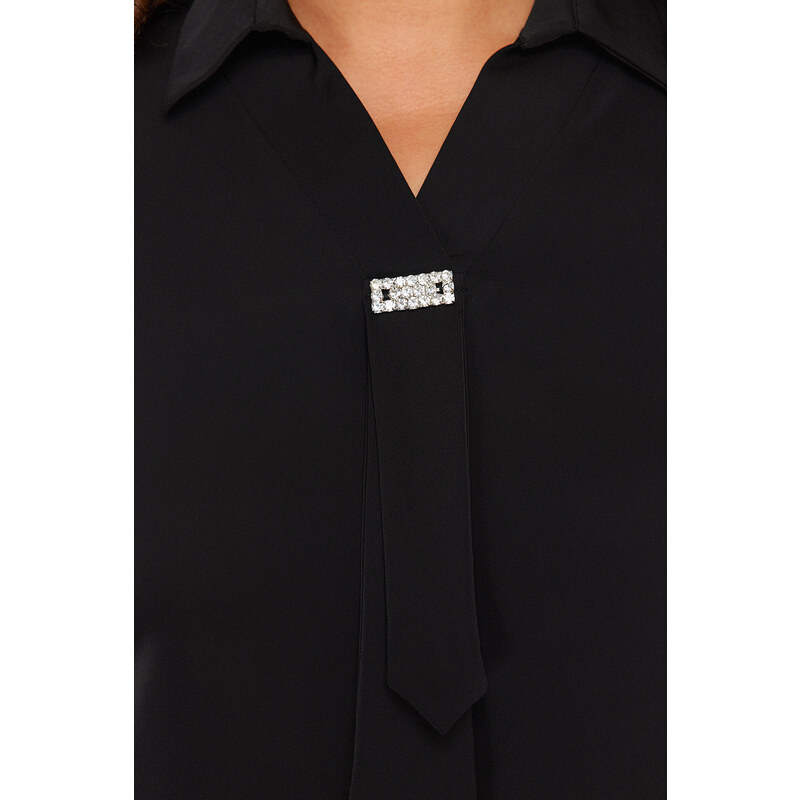 Trendyol Curve Black Woven Plus Size Jewelled Shirt Collar Blouse