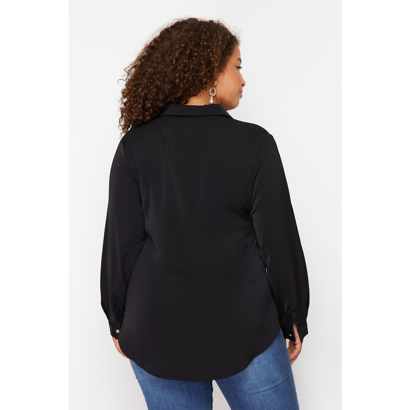 Trendyol Curve Black Woven Plus Size Jewelled Shirt Collar Blouse