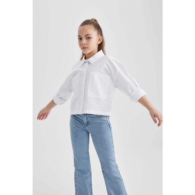 DEFACTO Girl Crop Oxford Long Sleeve Shirt