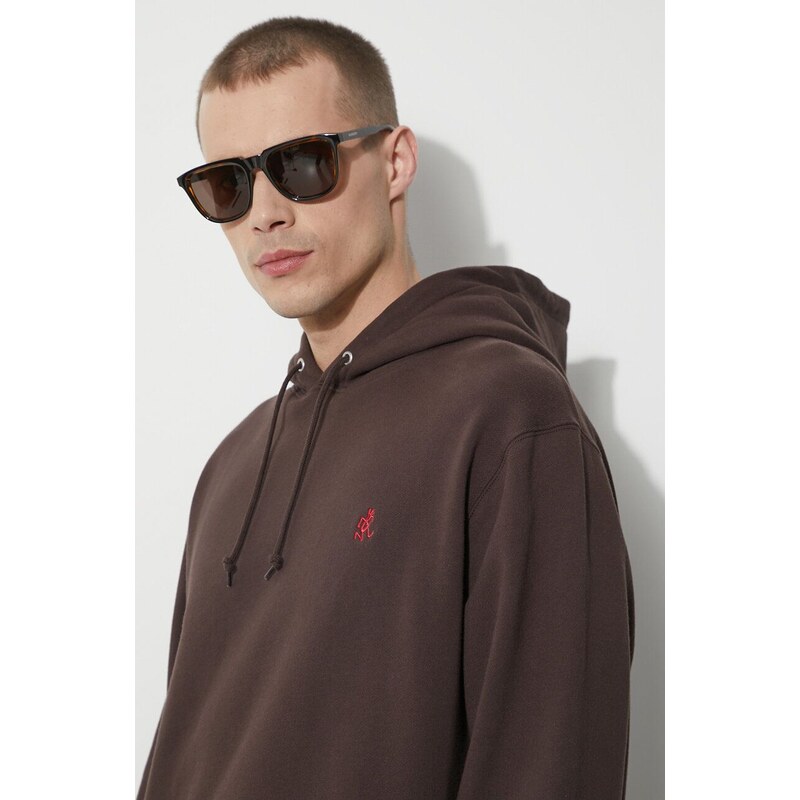 Bavlněná mikina Gramicci One Point Hooded Sweatshirt pánská, hnědá barva, s kapucí, hladká