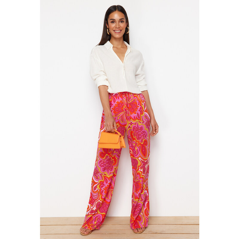 Trendyol Pink Wide Leg Patterned Woven Trousers with Elastic