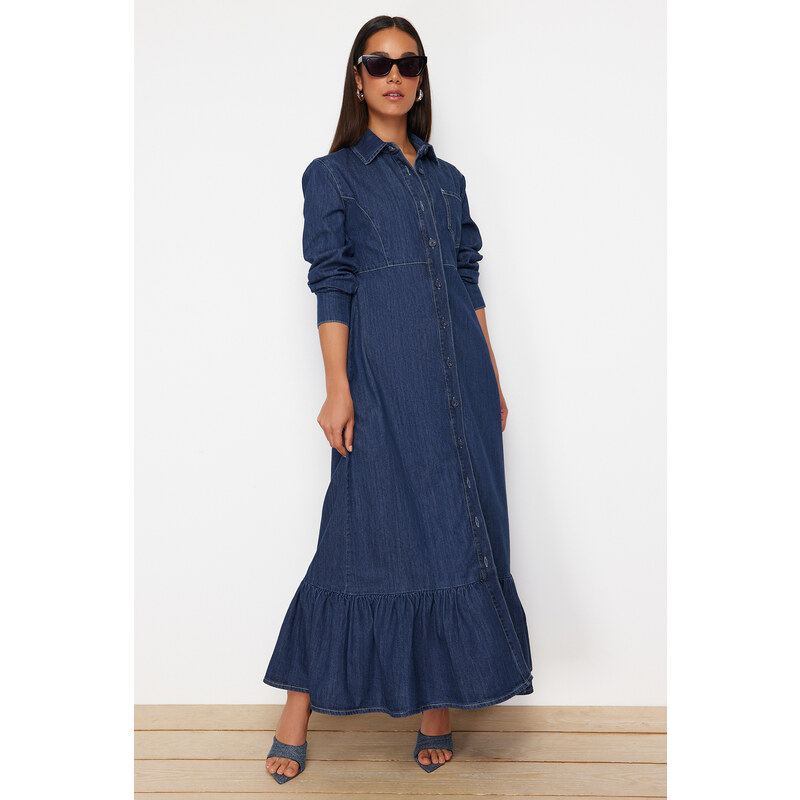 Trendyol Dark Blue Ruffle Hem Maxi Modest Denim Shirt Dress