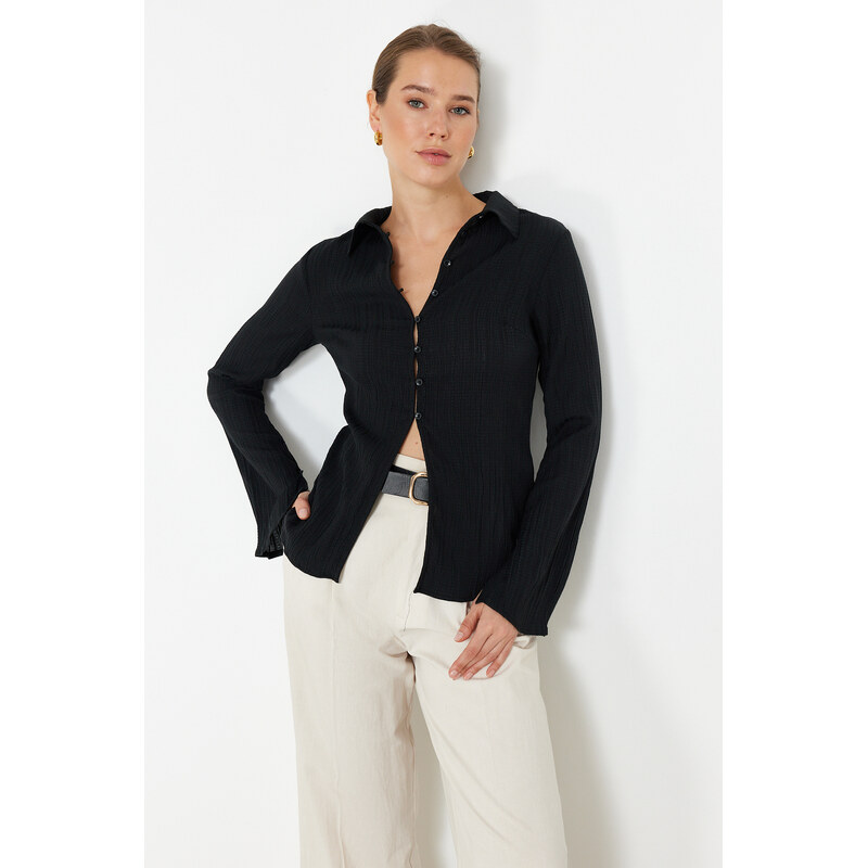 Trendyol Black Textured Fitted Woven Shirt 115641656