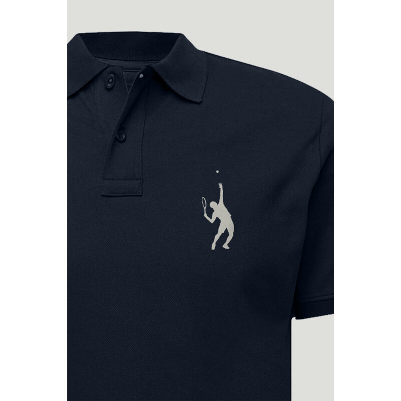 Polo Tričko Slim Fit, Barva Modrá, s Potiskem Tennis Serve