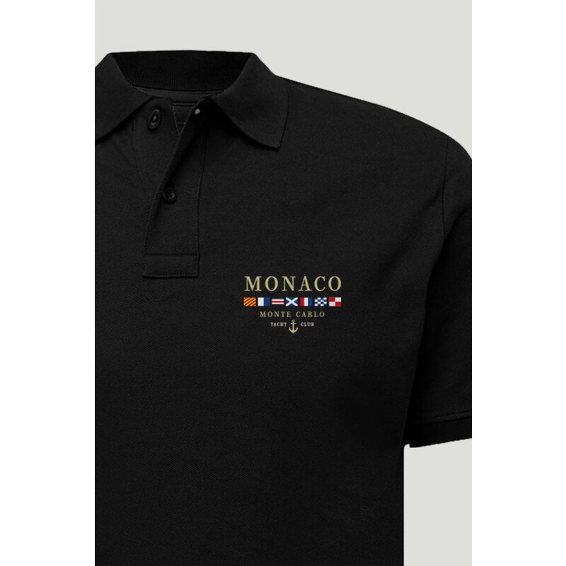 Polo Tričko Slim Fit, Barva Černá, s Potiskem Monte Carlo