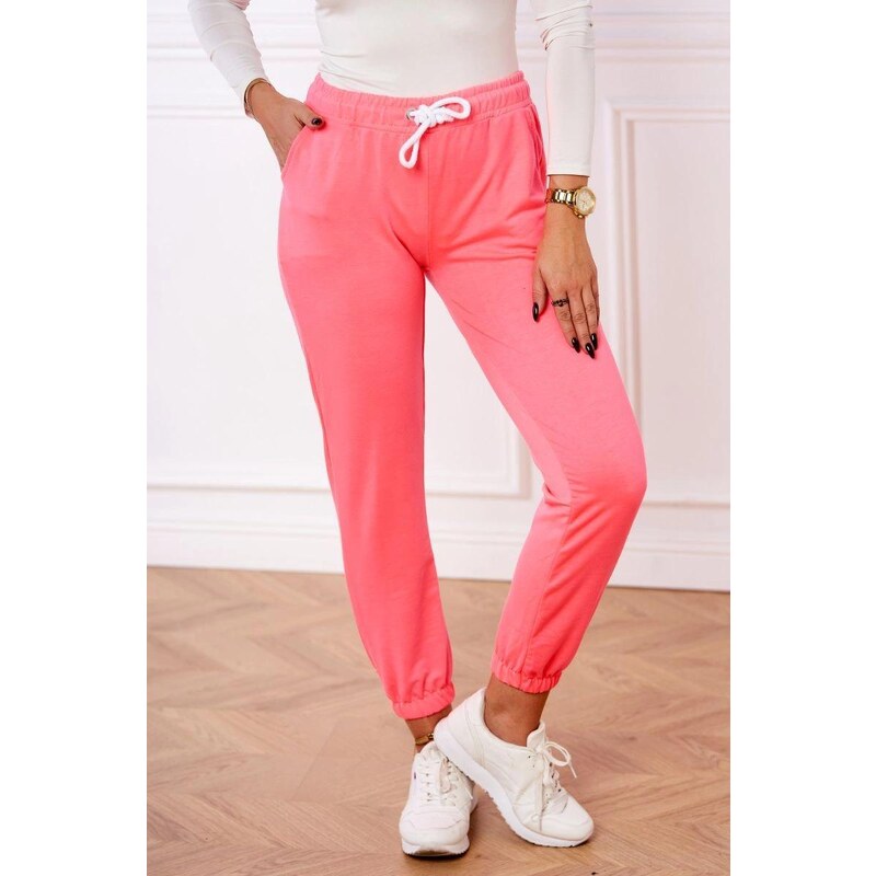 MladaModa Bavlněné kalhoty se šněrováním v pase model 9338 neonově růžové