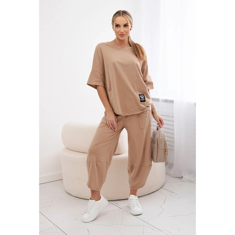 K-Fashion Bavlněný komplet halenka + kalhoty Velbloud