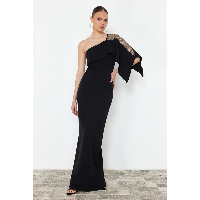 Trendyol Black Body-Fitting Stone Accessory Single Sleeve Woven Long 115721541