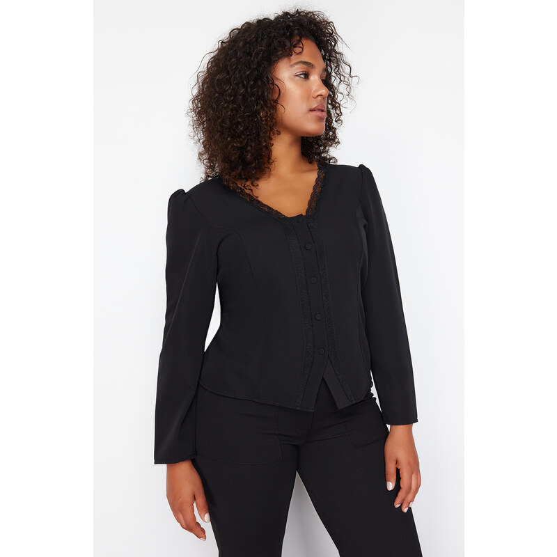Trendyol Curve Black Lace V-Neck Buttoned Plus Size Woven Blouse 107076373