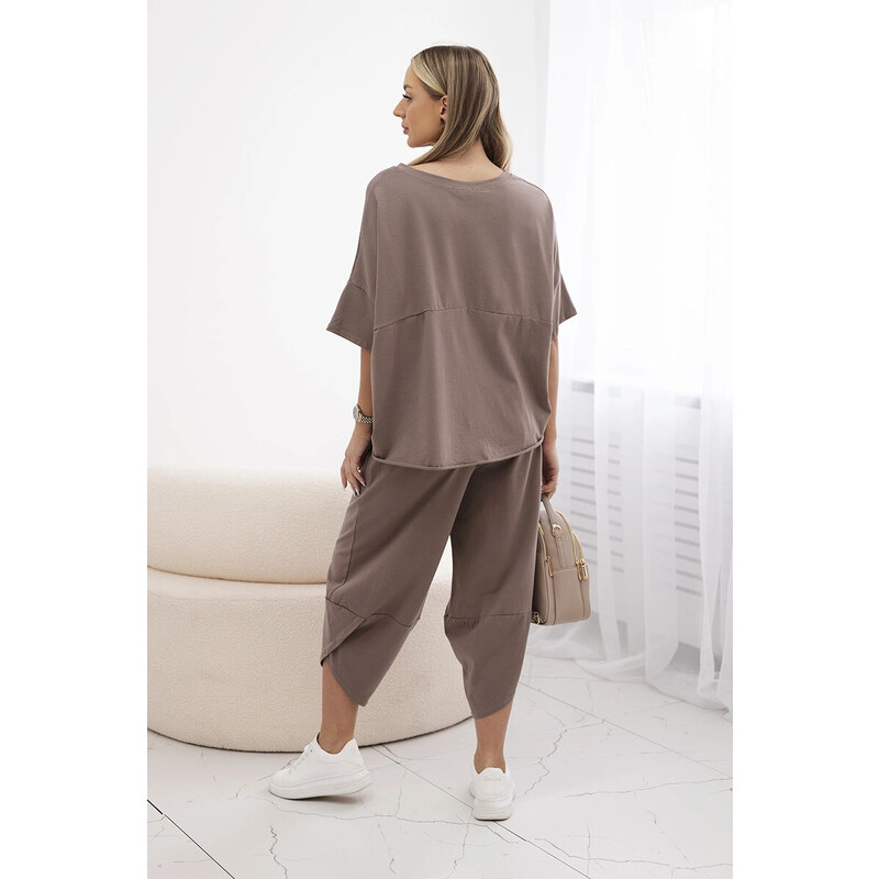 K-Fashion Bavlněný komplet halenka + kalhoty fango