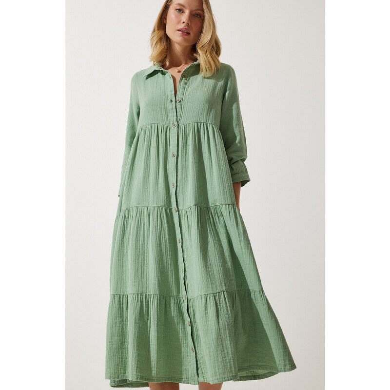 Happiness İstanbul Womens Green Muslin Flared Shirt Dress 107262006