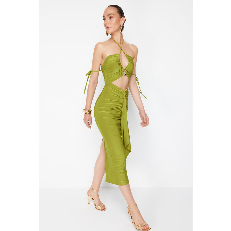 Trendyol X Zeynep Tosun Oil Green Elegant Evening Dress with