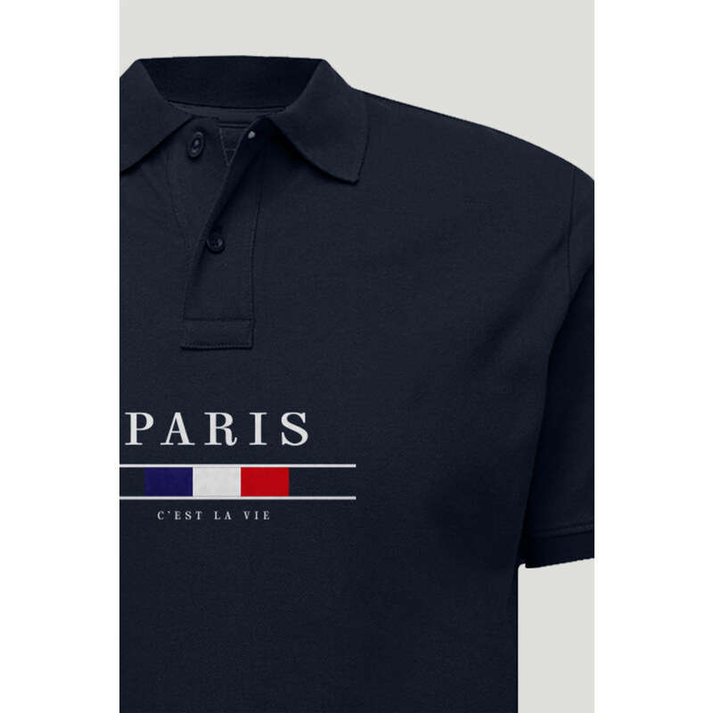 Polo Tričko Slim Fit, Barva Modrá, s Potiskem Paris La Vie