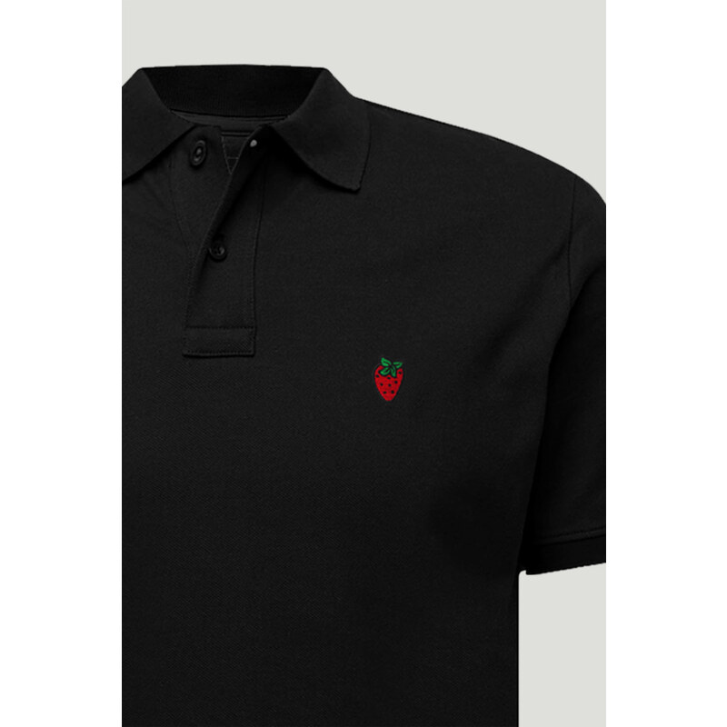Polo Tričko Slim Fit, Barva Černá, s Potiskem Red Strawberry