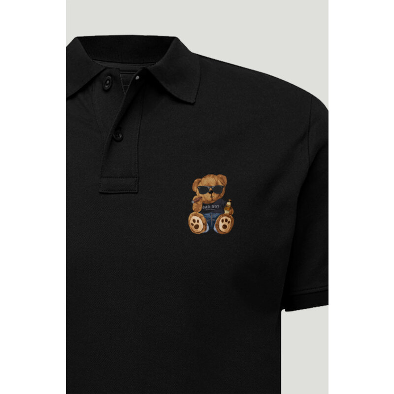 Polo Tričko Slim Fit, Barva Černá, s Potiskem Bad Boy Teddy