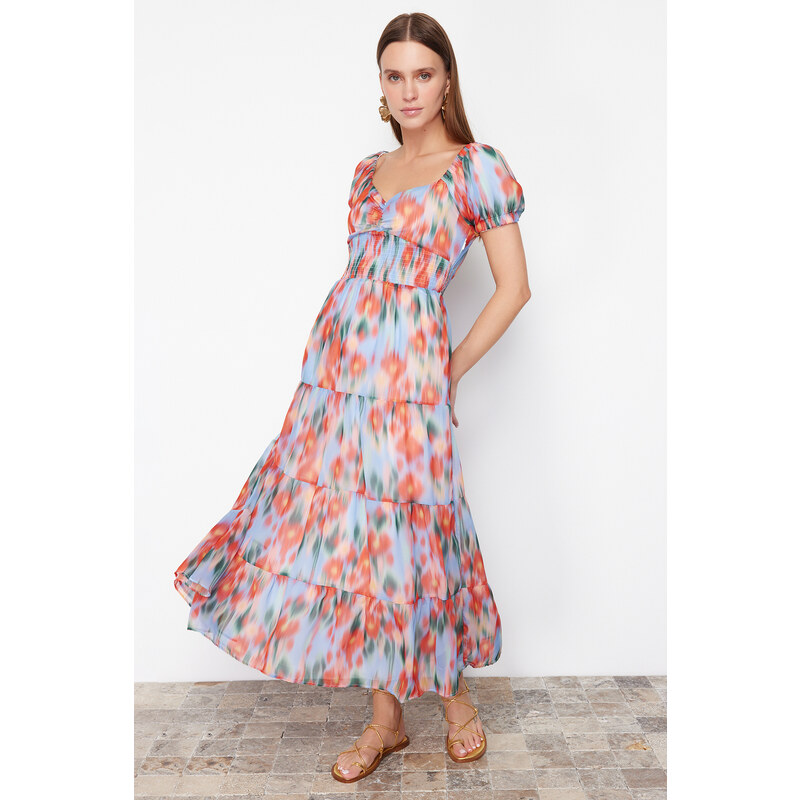 Trendyol Blue Floral Patterned A-Line Gipe Detailed Maxi Lined Chiffon 115740451