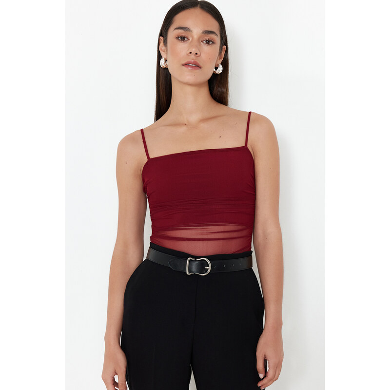 Trendyol Claret Red Adjustable Straps Lined Flexible Tulle Knitted 115606443