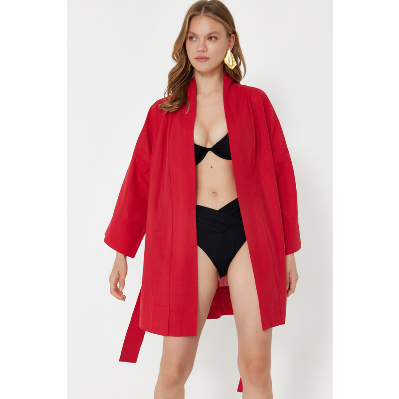 Trendyol Red Belted Mini Woven 100% Cotton Kimono&Kaftan 115739602