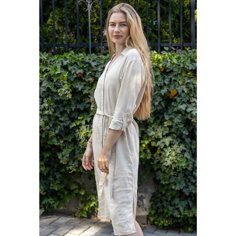 Vero Moda dámské lněné šaty Linn béžové