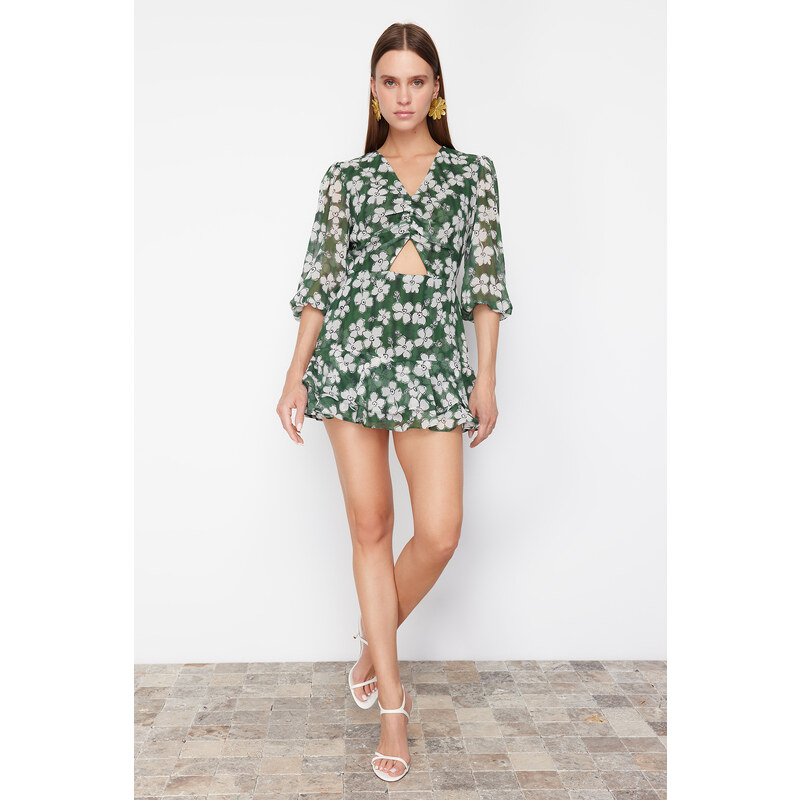 Trendyol Green Floral Patterned Cut Out Detailed Mini Lined Chiffon 107261971