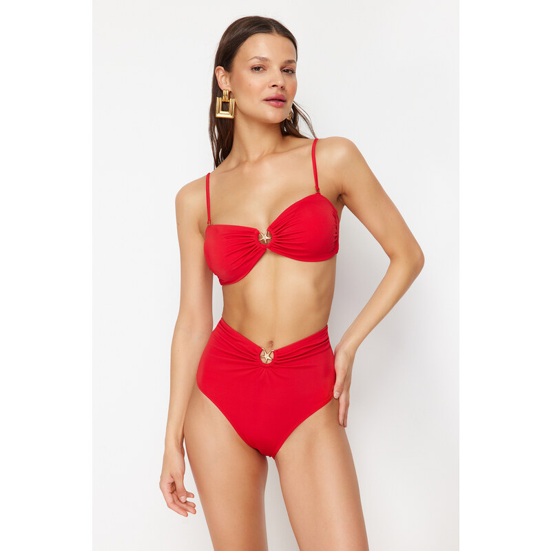 Trendyol Red Premium Accessory High Waist Hipster Bikini Bottom