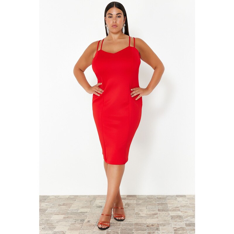 Trendyol Curve Red Sweetheart Collar Strap Summer Knitted Dress