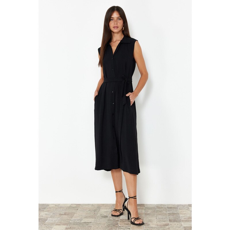 Trendyol Black Belted Plain Midi Belted Black Sleeveless Shirt