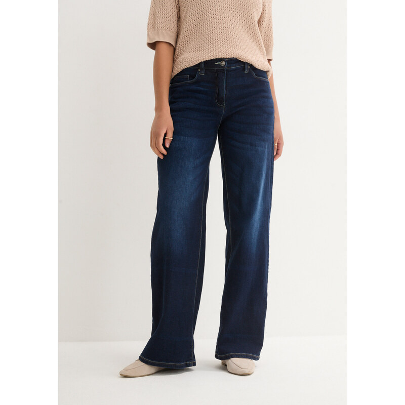 bonprix Džíny Wide Leg, Mid Waist, pohodlný pas modrá Žena