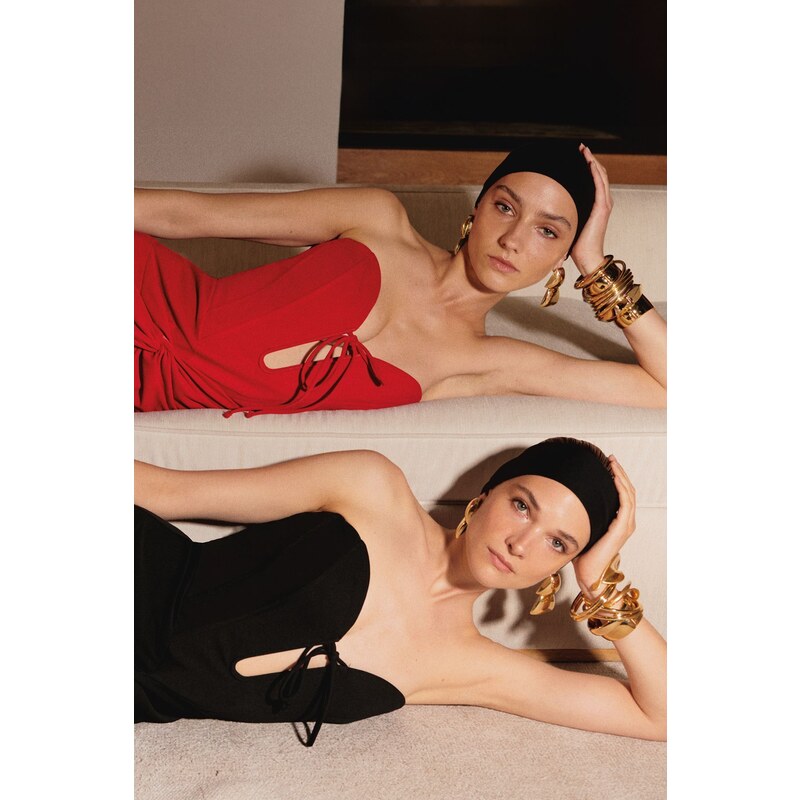 Trendyol X Zeynep Tosun Red Fish Knitting Detailed Long Evening