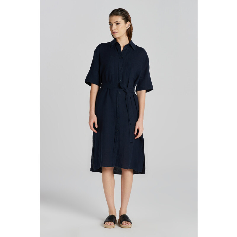 ŠATY GANT REL LINEN SS SHIRT DRESS EVENING BLUE