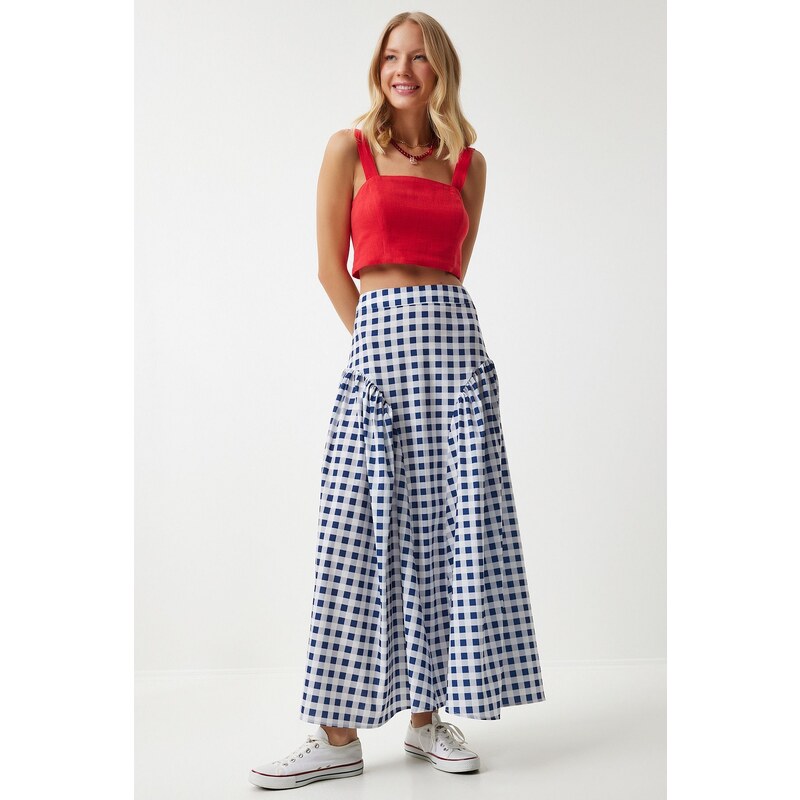 Happiness İstanbul Womens Blue Gingham Flounced Summer Poplin