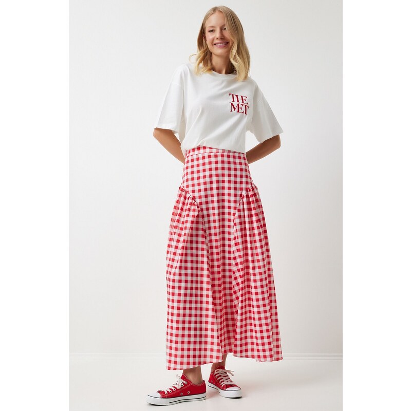 Happiness İstanbul Womens Dark Pink Gingham Flounce Summer
