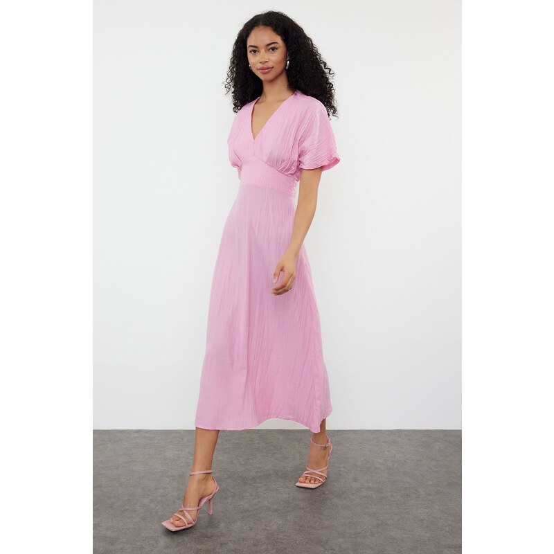 Trendyol Fuchsia A-Line Bodice Detailed V-Neck Maxi Woven Dress