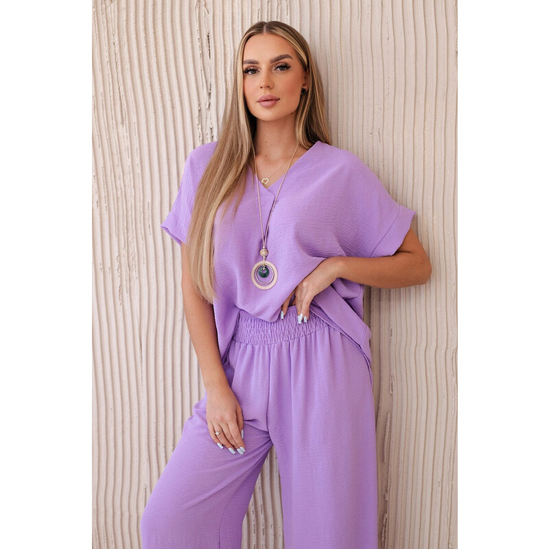 K-Fashion Komplet s náhrdelníkem halenka + kalhoty světle