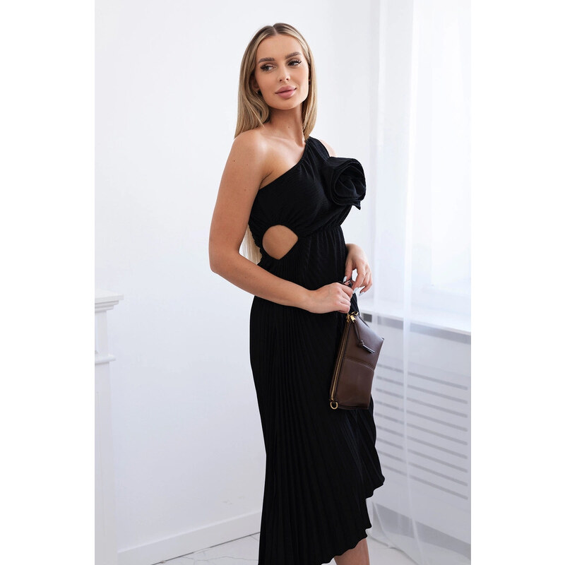 K-Fashion Plisované šaty s květinou černý
