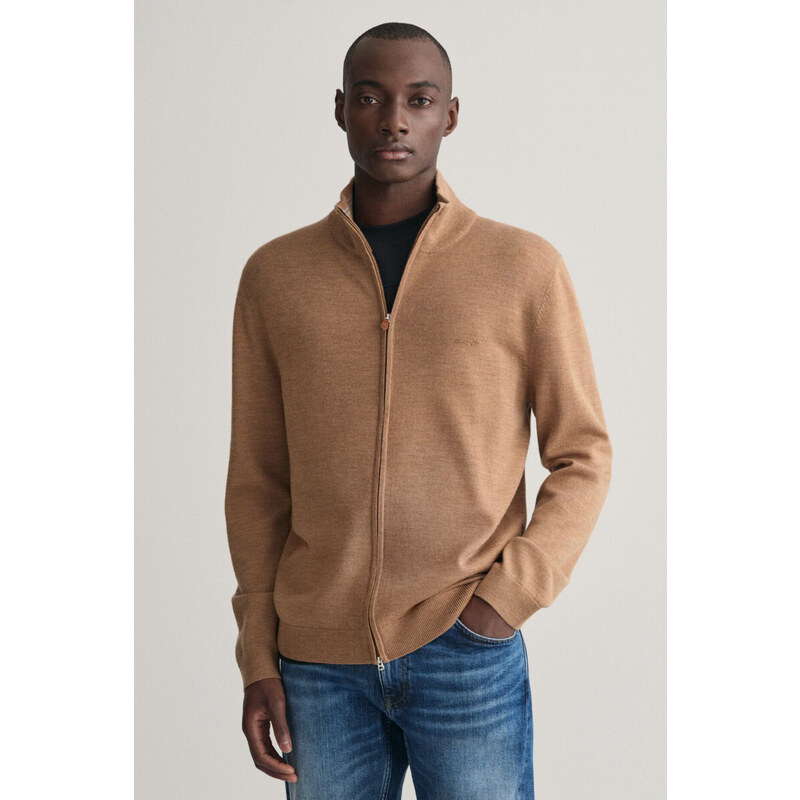 SVETR GANT EXTRAFINE MERINO WOOL ZIP CARDIGAN DK. SAND MELANGE